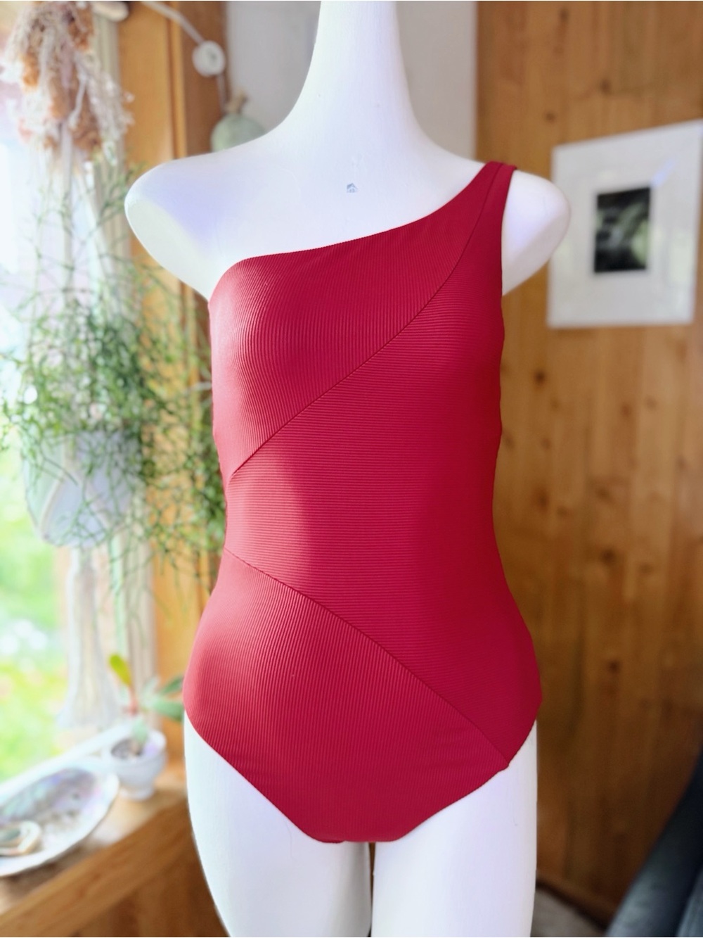BECCA Ribbed One-Shoulder One-Piece Swimsuit | Brick Red | Size M | NWOT